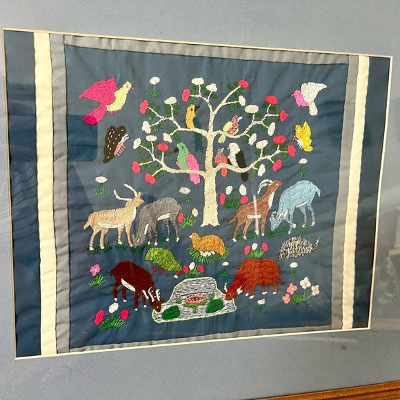 Framed Embroidered Animal Tree Art in Blue Mat 18/22 Inch - Picture 6 of 11